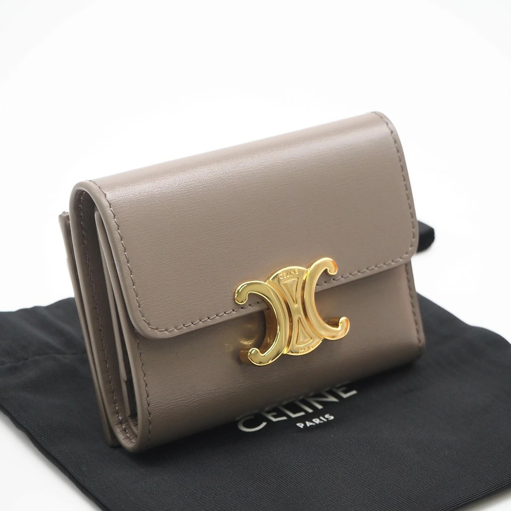 Celine Triomphe Compact Wallet Coin Tri fold Beige Calf Leather